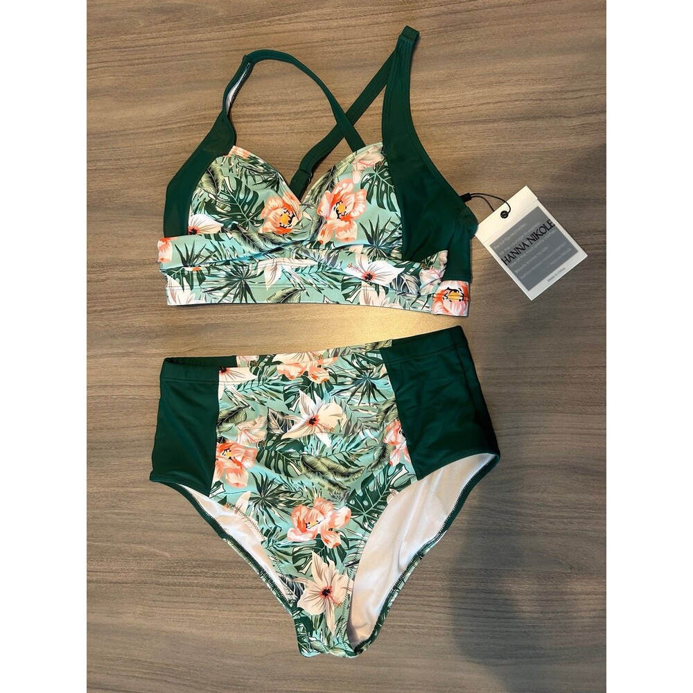 Women’s Hanna Nikole Green Tropical High Waisted Tummy Control Set Size M